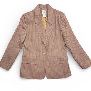 TravelSmith Womens 14 Wool Blend Plaid Blazer Jacket Micro Check Single Button